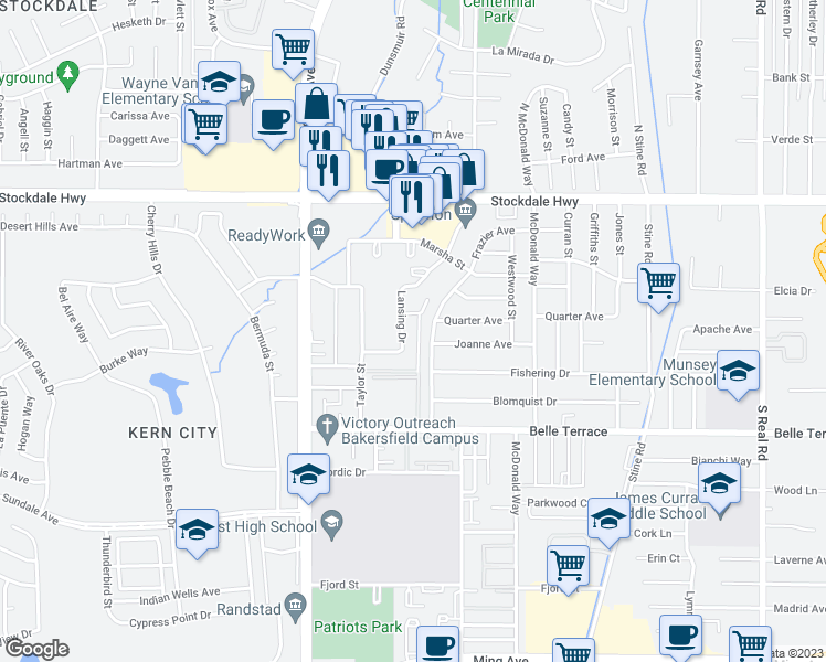 map of restaurants, bars, coffee shops, grocery stores, and more near 4714 Frazier Avenue in Bakersfield