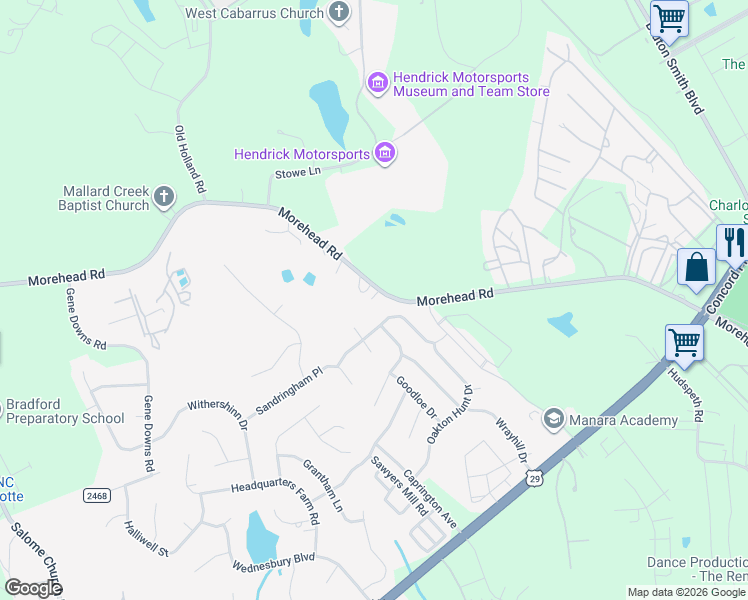 map of restaurants, bars, coffee shops, grocery stores, and more near 3620 Morehead Road in Charlotte