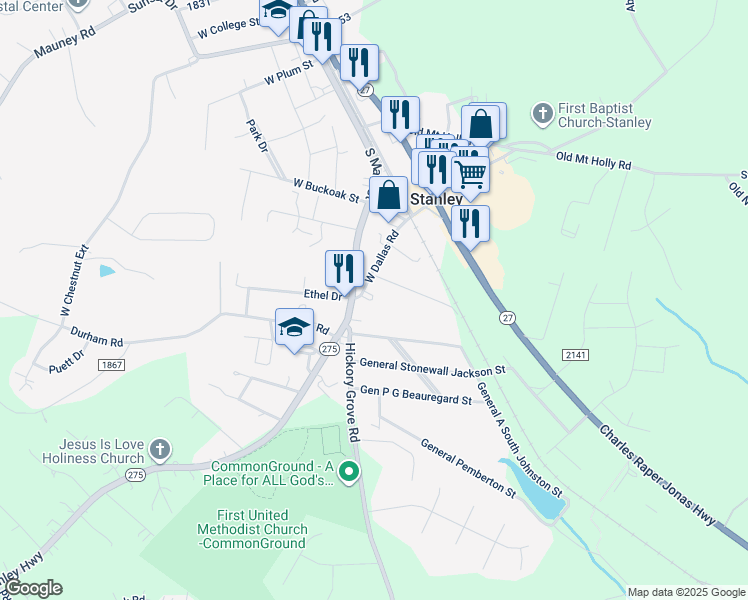 map of restaurants, bars, coffee shops, grocery stores, and more near 311 West Dallas Road in Stanley