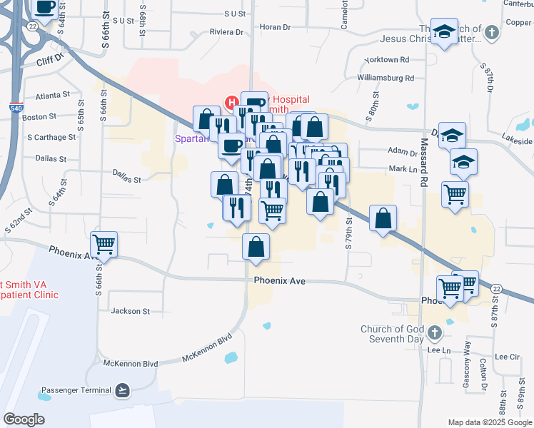map of restaurants, bars, coffee shops, grocery stores, and more near in Fort Smith
