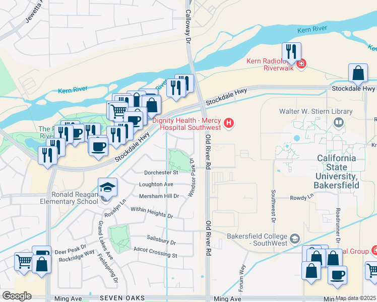 map of restaurants, bars, coffee shops, grocery stores, and more near 520 Windsor Park Drive in Bakersfield