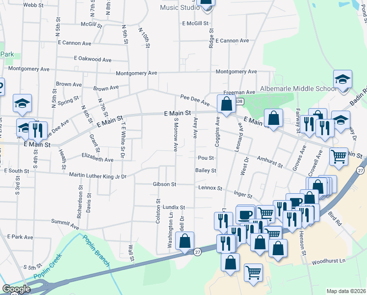 map of restaurants, bars, coffee shops, grocery stores, and more near 223 South Morrow Avenue in Albemarle