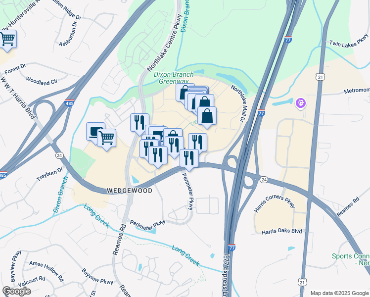 map of restaurants, bars, coffee shops, grocery stores, and more near Northlake Mall Drive in Charlotte