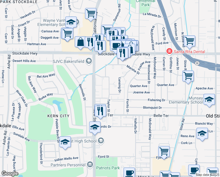 map of restaurants, bars, coffee shops, grocery stores, and more near 510 Taylor Street in Bakersfield