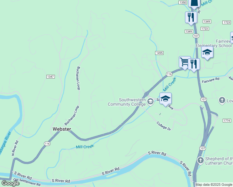 map of restaurants, bars, coffee shops, grocery stores, and more near 268 Sheffield Drive in Sylva