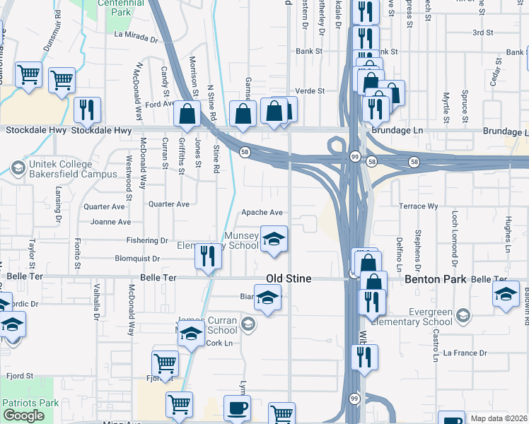 map of restaurants, bars, coffee shops, grocery stores, and more near 3720 Apache Avenue in Bakersfield