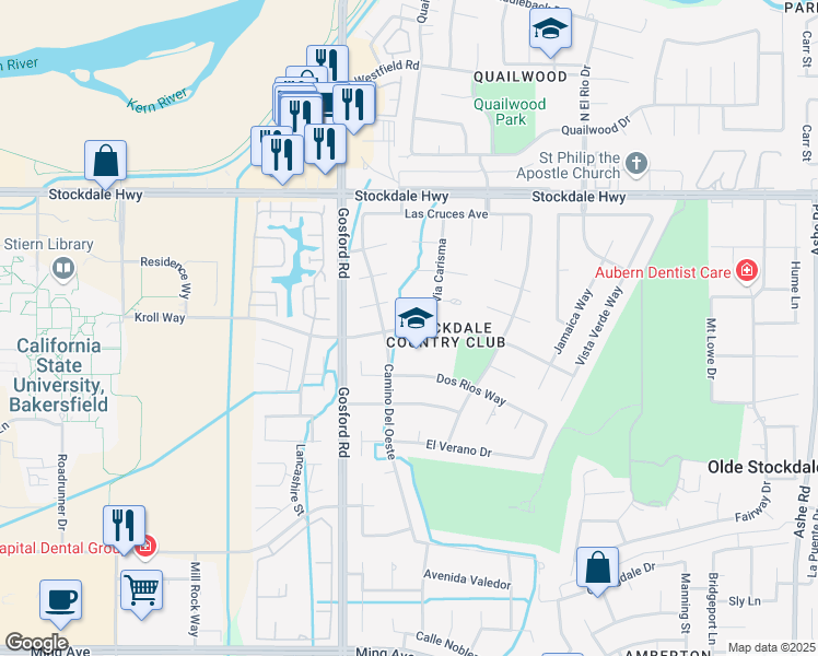 map of restaurants, bars, coffee shops, grocery stores, and more near 7801 Kroll Way in Bakersfield