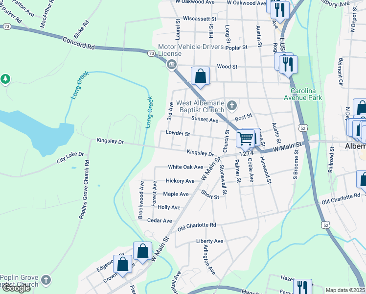 map of restaurants, bars, coffee shops, grocery stores, and more near 122 Cleveland Avenue in Albemarle