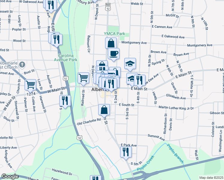 map of restaurants, bars, coffee shops, grocery stores, and more near 142 West Main Street in Albemarle