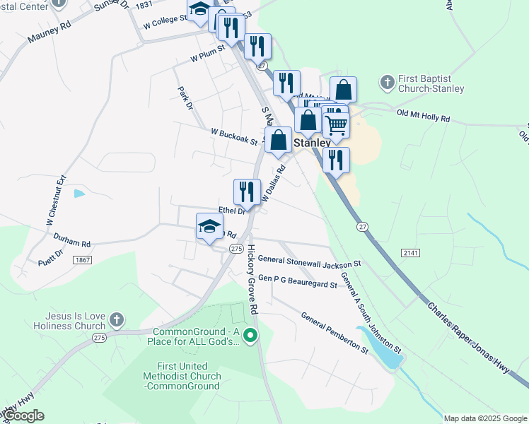 map of restaurants, bars, coffee shops, grocery stores, and more near 311 West Dallas Road in Stanley