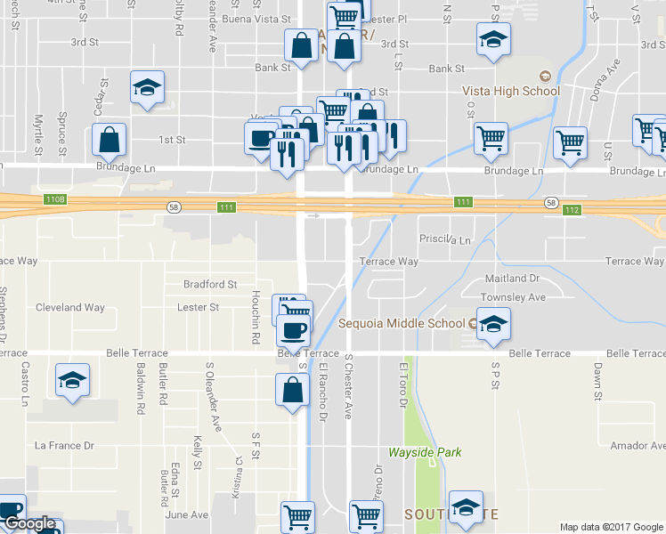 map of restaurants, bars, coffee shops, grocery stores, and more near 328 South Chester Avenue in Bakersfield