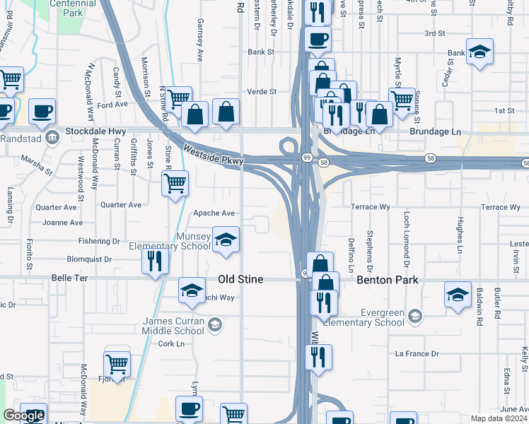 map of restaurants, bars, coffee shops, grocery stores, and more near 3404 Terrace Way in Bakersfield