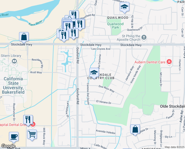 map of restaurants, bars, coffee shops, grocery stores, and more near 7708 Kroll Way in Bakersfield
