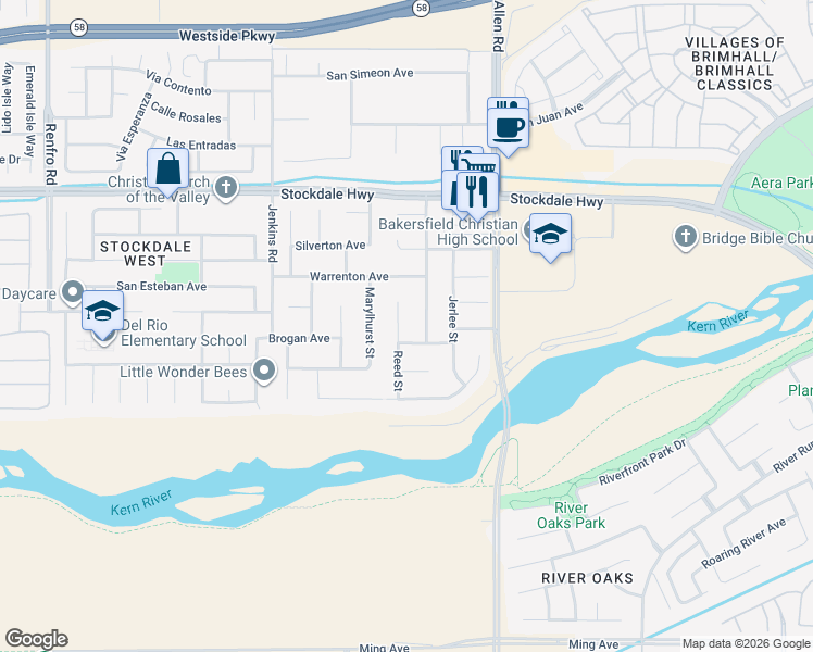 map of restaurants, bars, coffee shops, grocery stores, and more near 505 Reed Street in Bakersfield