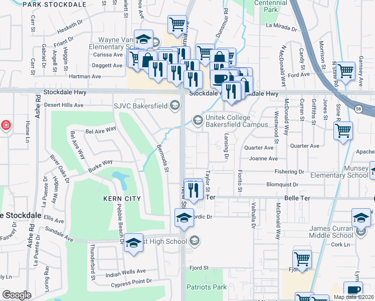 map of restaurants, bars, coffee shops, grocery stores, and more near 600 New Stine Road in Bakersfield