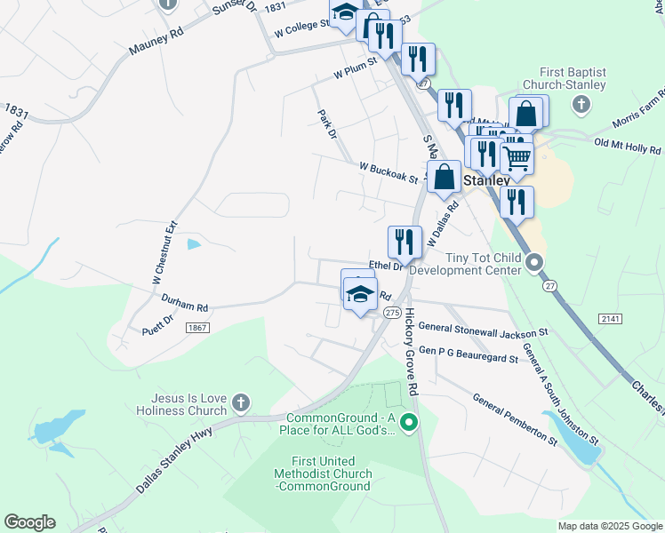 map of restaurants, bars, coffee shops, grocery stores, and more near 145 Ethel Drive in Stanley