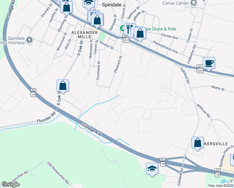 map of restaurants, bars, coffee shops, grocery stores, and more near 132 Rutherford Street in Spindale