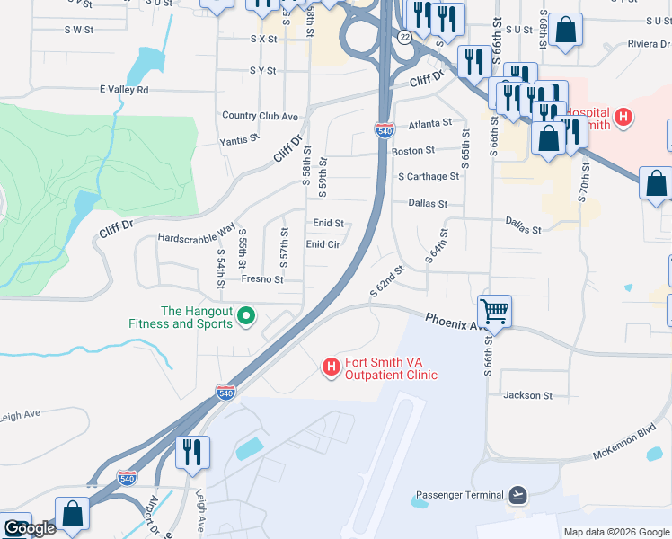 map of restaurants, bars, coffee shops, grocery stores, and more near 5813 Fresno Terrace in Fort Smith
