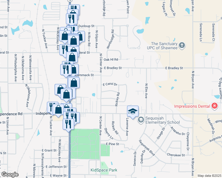 map of restaurants, bars, coffee shops, grocery stores, and more near 1217 East Carol Drive in Shawnee