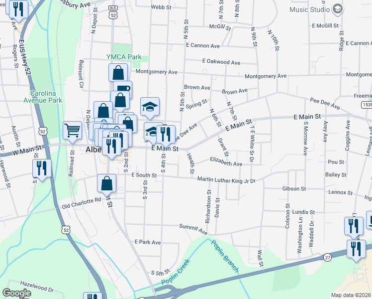 map of restaurants, bars, coffee shops, grocery stores, and more near 350 Pee Dee Avenue in Albemarle