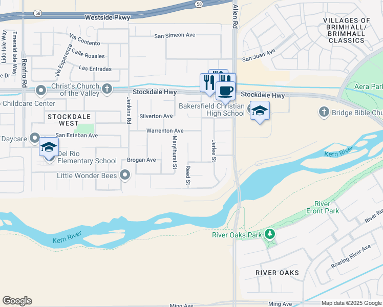 map of restaurants, bars, coffee shops, grocery stores, and more near 505 Reed Street in Bakersfield