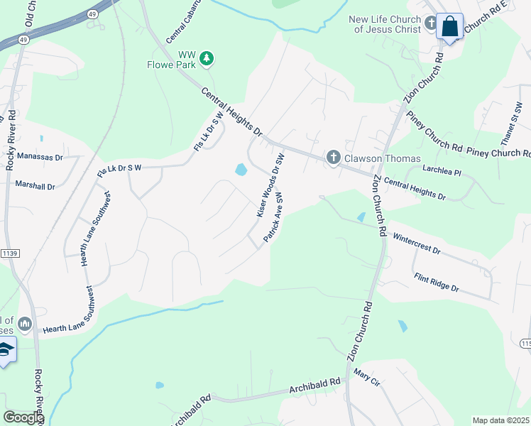 map of restaurants, bars, coffee shops, grocery stores, and more near 4251 Kiser Woods Drive Southwest in Concord