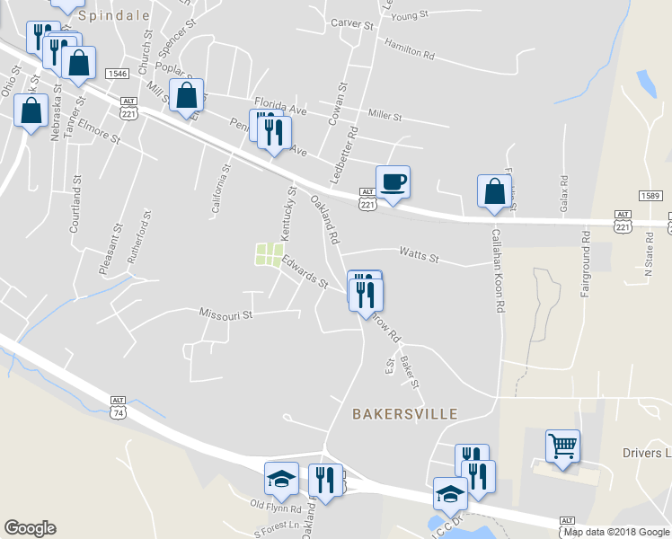 map of restaurants, bars, coffee shops, grocery stores, and more near 268 Oakland Road in Spindale