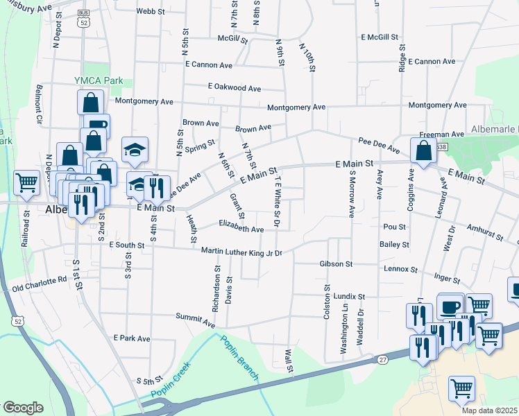 map of restaurants, bars, coffee shops, grocery stores, and more near 803 Ruby Street in Albemarle