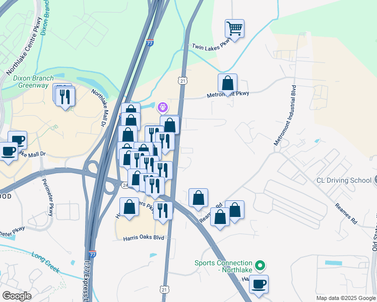 map of restaurants, bars, coffee shops, grocery stores, and more near 7340 Smith Corners Boulevard in Charlotte