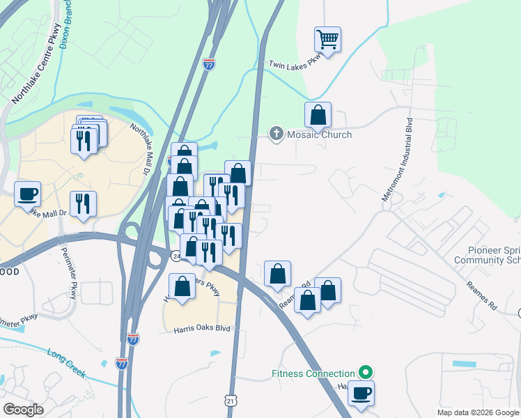 map of restaurants, bars, coffee shops, grocery stores, and more near 9420 U.S. 21 in Charlotte