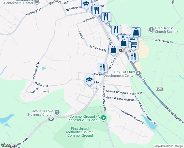 map of restaurants, bars, coffee shops, grocery stores, and more near 116 Ethel Drive in Stanley