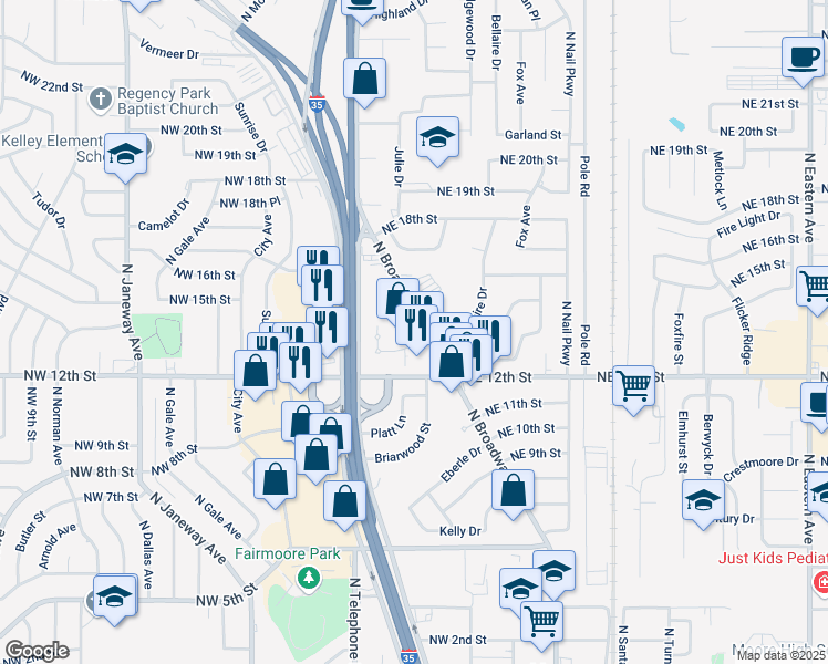 map of restaurants, bars, coffee shops, grocery stores, and more near 105 Sutton Circle in Moore