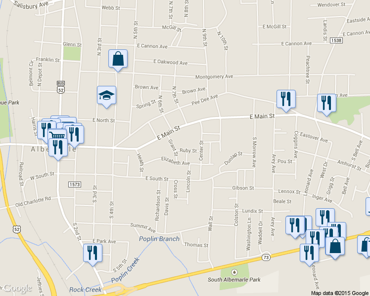map of restaurants, bars, coffee shops, grocery stores, and more near 713 Ruby Street in Albemarle
