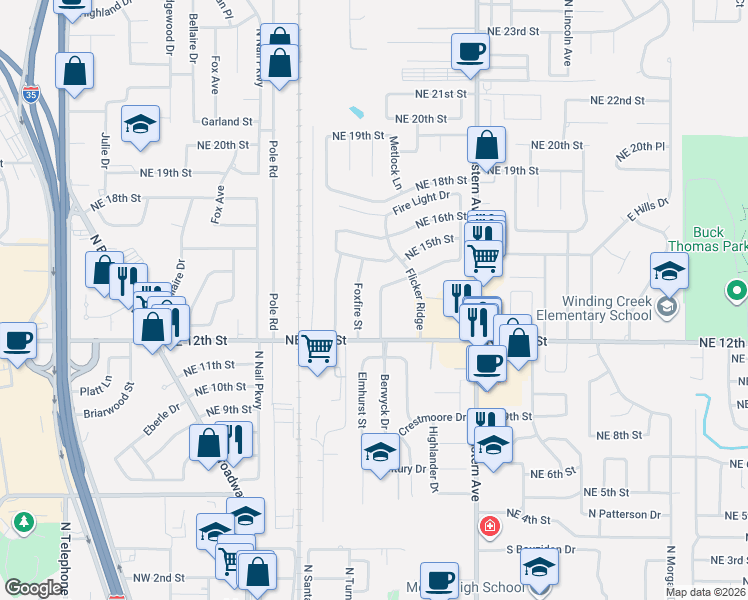map of restaurants, bars, coffee shops, grocery stores, and more near 1409 Foxfire Street in Moore