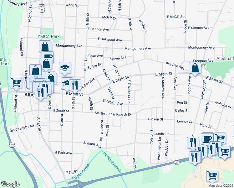 map of restaurants, bars, coffee shops, grocery stores, and more near 709 Ruby St in Albemarle