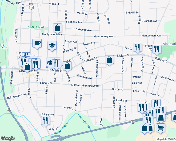 map of restaurants, bars, coffee shops, grocery stores, and more near 709 Ruby St in Albemarle