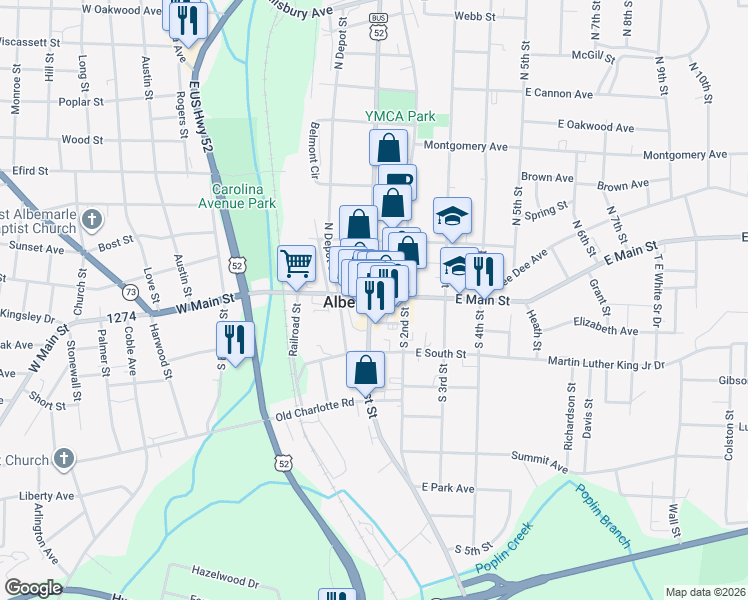 map of restaurants, bars, coffee shops, grocery stores, and more near 142 West Main Street in Albemarle