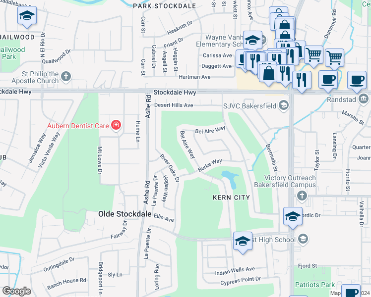 map of restaurants, bars, coffee shops, grocery stores, and more near 413 Pebble Beach Drive in Bakersfield