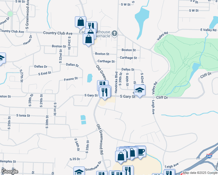 map of restaurants, bars, coffee shops, grocery stores, and more near 3421 Old Greenwood Road in Fort Smith