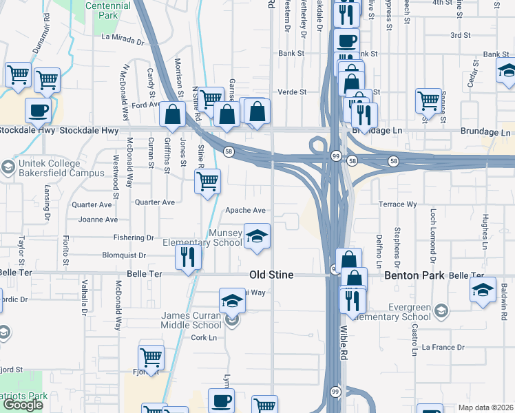 map of restaurants, bars, coffee shops, grocery stores, and more near 3720 Apache Avenue in Bakersfield