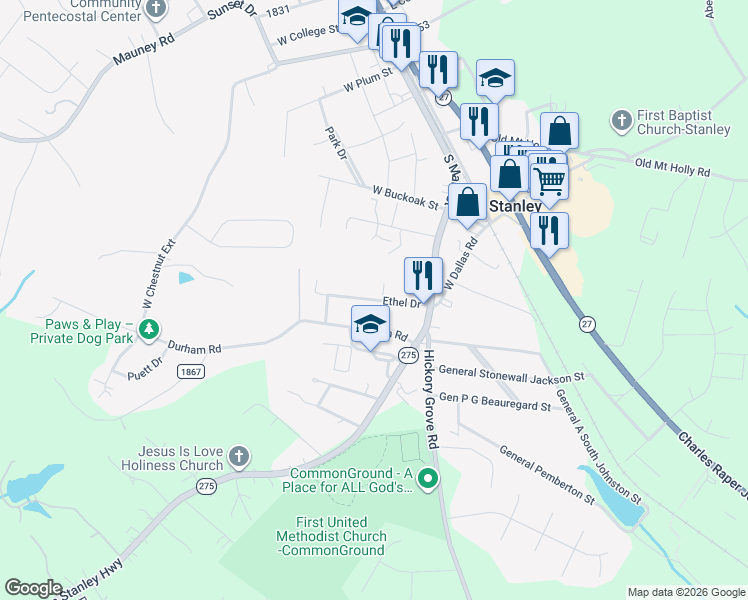 map of restaurants, bars, coffee shops, grocery stores, and more near 116 Ethel Drive in Stanley