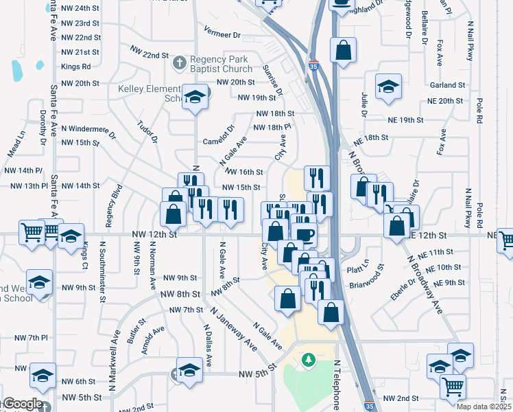 map of restaurants, bars, coffee shops, grocery stores, and more near 1413 Lawton Avenue in Moore