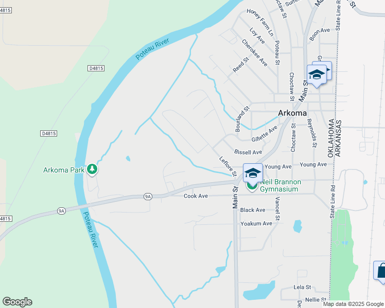 map of restaurants, bars, coffee shops, grocery stores, and more near 1104 Chickasaw Avenue in Arkoma