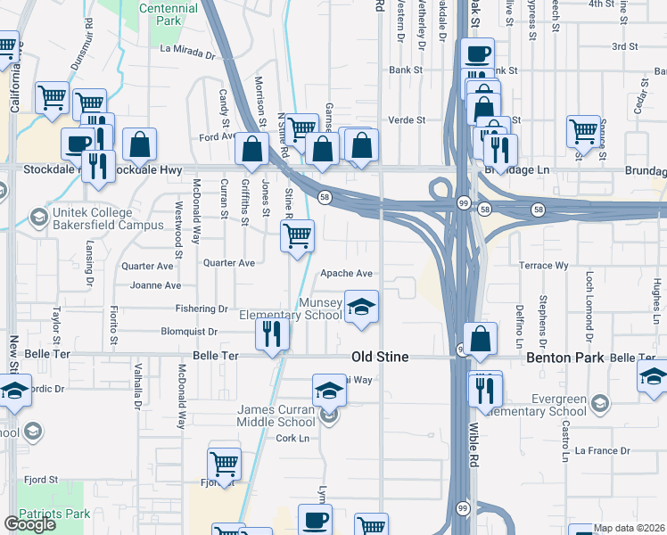 map of restaurants, bars, coffee shops, grocery stores, and more near 3900 Apache Avenue in Bakersfield