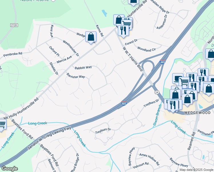 map of restaurants, bars, coffee shops, grocery stores, and more near 8401 Londonshire Drive in Charlotte