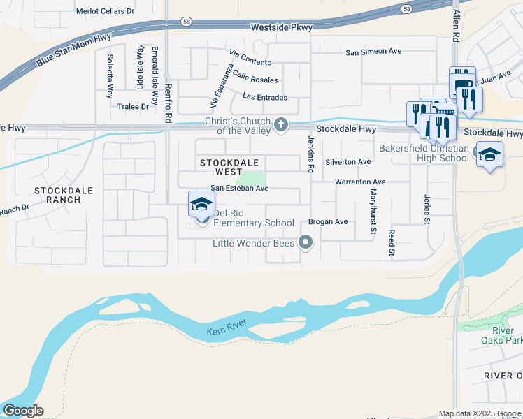 map of restaurants, bars, coffee shops, grocery stores, and more near 13913 San Lazaro Avenue in Bakersfield