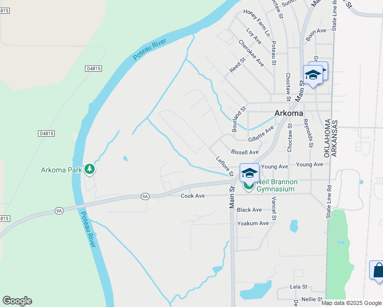 map of restaurants, bars, coffee shops, grocery stores, and more near 1104 Chickasaw Avenue in Arkoma
