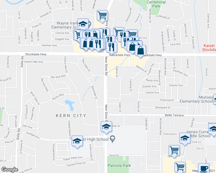 map of restaurants, bars, coffee shops, grocery stores, and more near 600 New Stine Road in Bakersfield