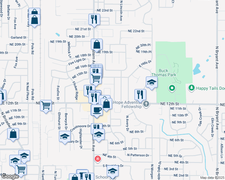 map of restaurants, bars, coffee shops, grocery stores, and more near 1417 Sequoyah Avenue in Moore