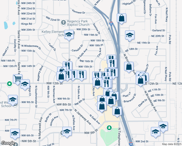 map of restaurants, bars, coffee shops, grocery stores, and more near 1413 Lawton Avenue in Moore
